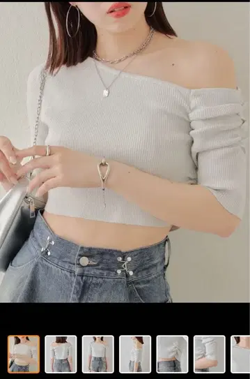 Chico 치코 5분 소매 원숄더 라메 니트 프리 화이트 실버