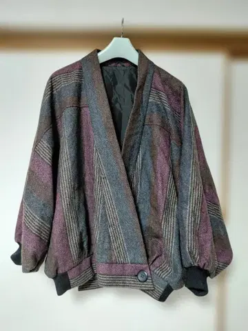 노카라 자켓 보라색 그레이 스트라이프