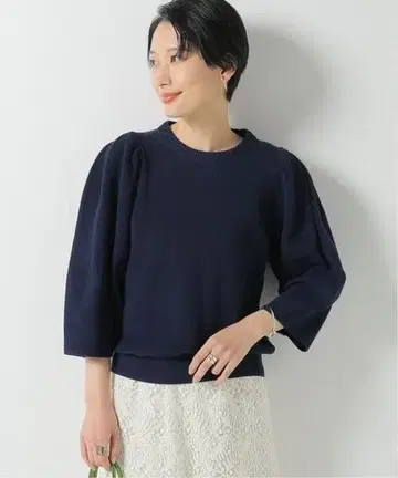 [ 정가 14,300엔 ] IENA 이에나 퍼프 숄더 리브 풀오버 네이비