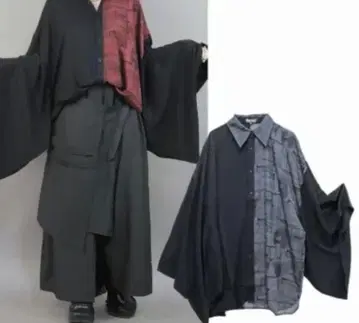 Deorart 지오메트릭 패턴 오버 사이즈 후리소데 셔츠 기모노