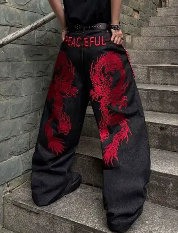 제이드 런던 드래곤 자수 와이드 팬츠 데님 Y2K 스트릿 최저가