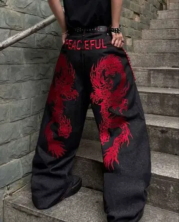 제이드 런던 드래곤 자수 와이드 팬츠 데님 Y2K 스트릿 최저가