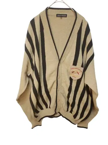 니콜 스포츠 베이지 블랙 스트라이프 가디건 자수 패치 울 혼방