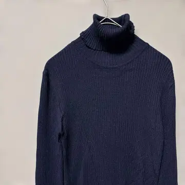 자라 리브 니트 원피스 (M) 네이비 타이트 실루엣 하이넥 프릴 소매