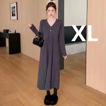 니트 원피스 플리츠 V넥 귀여운 고급 시크 한국