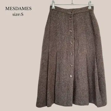 새상품급 플레어 스커트 종아리 기장 플리츠 울 100% 브라운