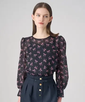 24SS ANAYI 리본 프린트 턱 슬리브 블라우스 36 드레이프감 시어