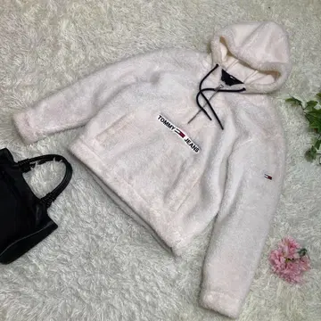 새상품급 타미힐피거 플리스 자켓 화이트 센터 로고 하프 지퍼 M