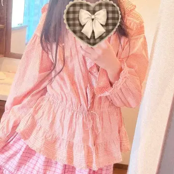 핑크하우스 겉옷 후드 프릴 리본 깅엄 체크 피코프릴