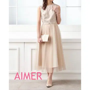 AIMER 에메 오너먼트 자수 레이스 드레스 결혼식 베이지