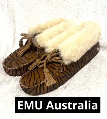 미사용품 EMU Australia 퍼 달린 애니멀 무늬 모카신 송치