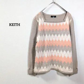 KEITH 아가일 무늬 긴팔 니트 스웨터 베이지 x 핑크 울