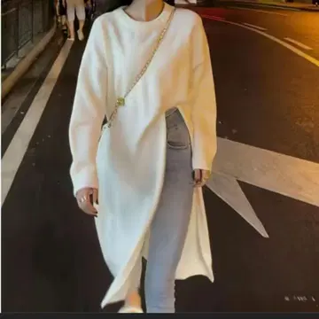 롱 니트 가디건 화이트 슬릿 Y2K 한국