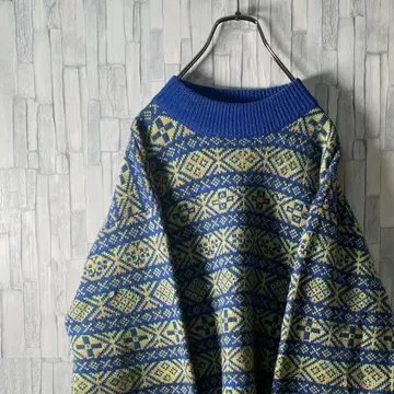 아가일 무늬 니트 보더 블루+멀티 컬러 와이드 소매 남성용 L