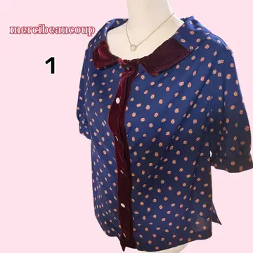 메르시보쿠 커피 콩 패턴 벨로아 반팔 블라우스 네이비