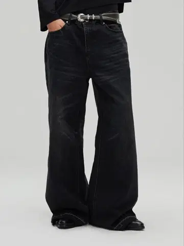 블랙 와이드 레그 데님 팬츠