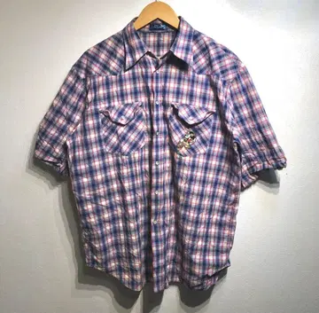 미키 미니 자수 반팔 체크 셔츠 vintage disney