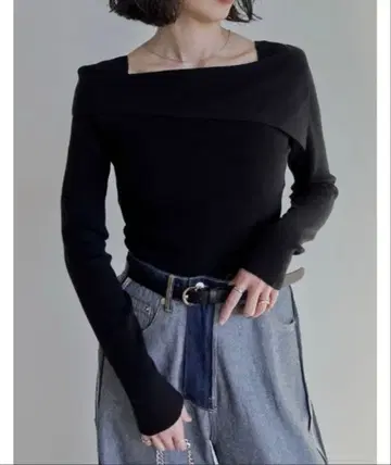 [ RE:EDIT ] 아지메 오프숄더 리브 니트탑 블랙