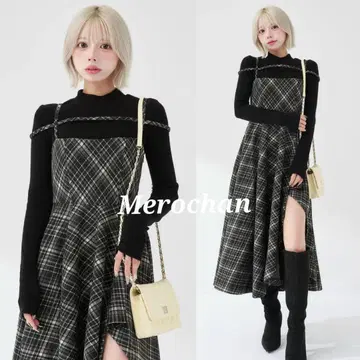 다리치 레이어드 체크 언밸런스 헴 미디 원피스 블랙 프리