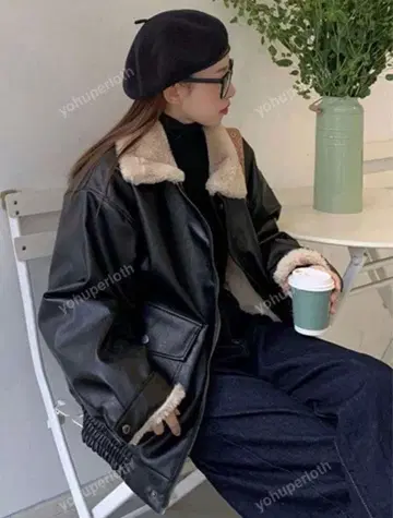 shein 여성용 퍼 트리밍 가죽 자켓 아우터 M