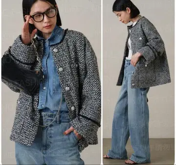 새상품급 라운지 드레스 트위드 노카라 자켓