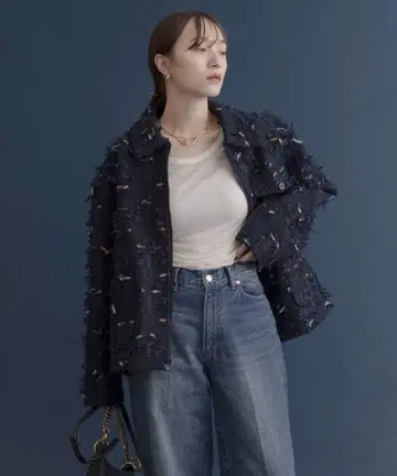 에이미 로 리본 자카드 트위드 본딩 지퍼 자켓