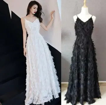 빅 사이즈/새상품 연주회/파티/무대 블랙+페더/프린지 롱 드레스