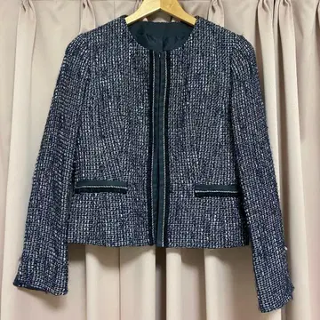 COMME CA ISM 노카라 자켓 트위드 네이비 11호