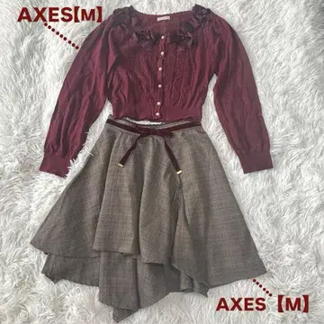 버건디 긴팔 가디건 체크 무늬 스커트 세트