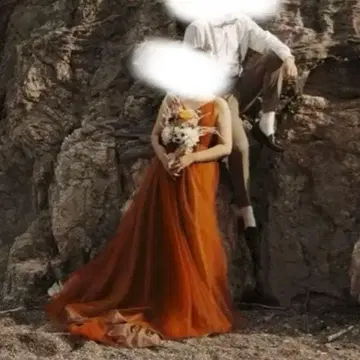 사전 촬영 결혼식 2차 모임 오렌지 테라코타 튤 롱 드레스