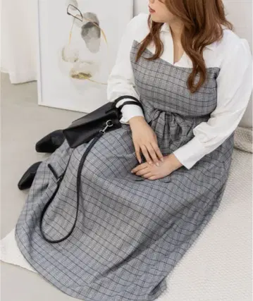 쿠레트 미사용 택 포함 도킹 그레이 계열 체크 롱 원피스 3L