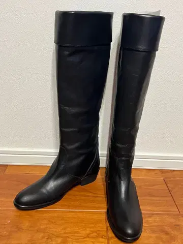 블랙 롱 부츠 접이식 디자인 천연 가죽 24.0