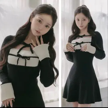 Darich 리본 퍼 플레어 니트 미니 원피스 BLK FL