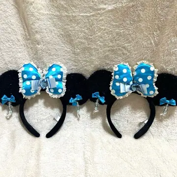 디즈니 머리띠 귀찌 파랑 블루 미니 귀걸이 리본 도트