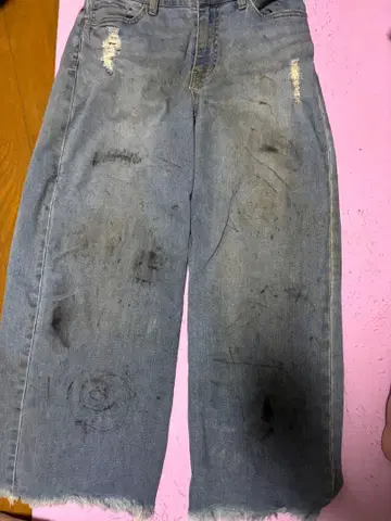 와이드 레그 데님 라이트 블루 데미지 가공