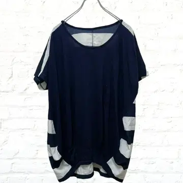 빅 루즈 바이컬러 티셔츠 보더 튜닉 라운드넥 마린