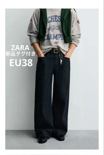 [ 완판템 ] ZARA CHAMPION 스트라이프 배기 핏 청바지 38