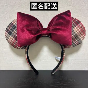 디즈니 머리띠 체크 무늬 빨간색 리본