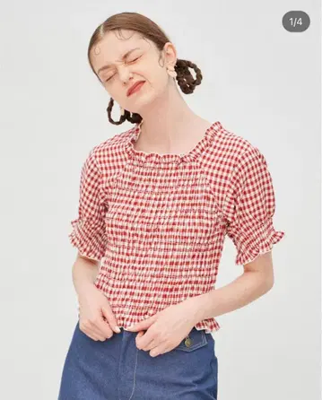 POPPY 아사기니요 깅엄 체크 셔링 상의 [ 컨디션 최상 ]