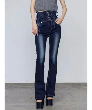 시착만 한 상품 EMODA 행 레이스업 하이웨스트 스키니진 인디고 블루