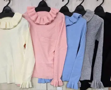 프릴 옷깃 핑크 니트 저스길리티 안미누 셀퍼드 스타일