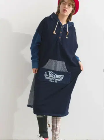 라임 잉크 인디고 미니 쭈리 후드 맨투맨 원피스 네이비