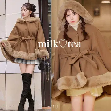 택 포함 새상품 Cherimi 셰리미 후드 퍼 리본 판초 브라운