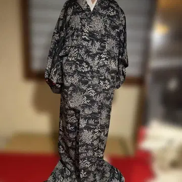 순수 실크 다크 네이비 풍경 무늬 코몬 기모노