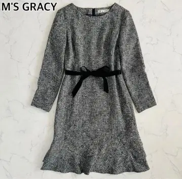 엠즈 그레이시 실크 혼방 트위드 원피스 벨로아 끈 벨트 프릴 L