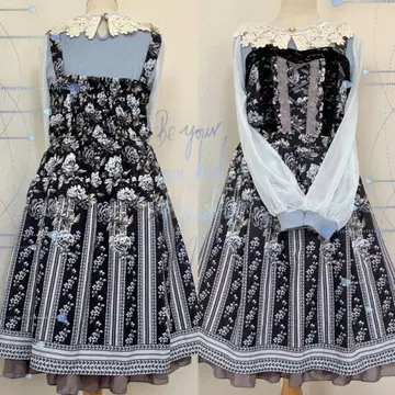 [ 2세트 ] 클래시컬 블루 로즈 원피스, 레이스 옷깃 티셔츠 axes