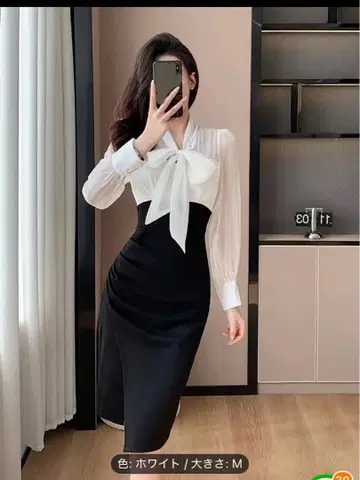 새상품 리본 포함 화이트 블랙 원피스 M