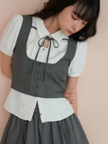 bubbles 리본 베스트 레이어드 블라우스