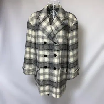 꼼사데모드 체크 무늬 더블 숏코트 여성용 알파카 혼방 그레이