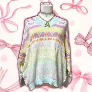 가격 인하 vintage 로키에 레트로 파스텔 컬러 나비 꽃 V넥 니트